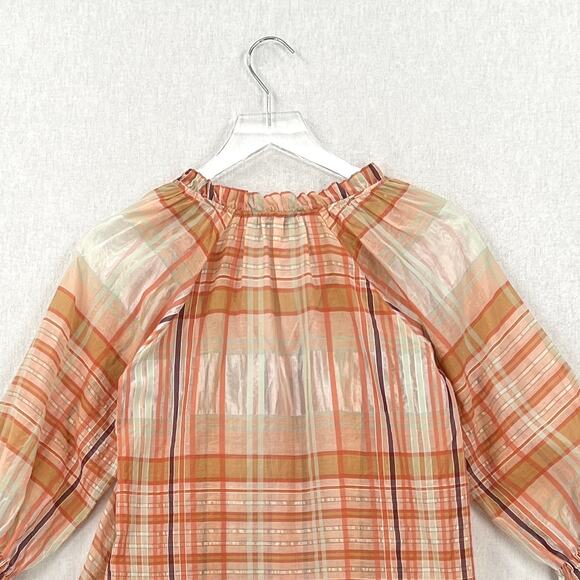 MADEWELL Plaid Tie Neck Ruffle Top Womens XXS Cream Orange 3/4 Sleeve Blouse - Picture 8 of 15